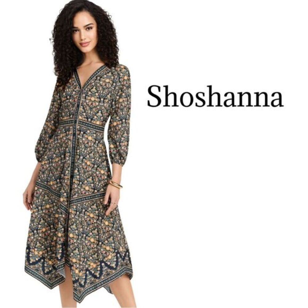 Shoshanna Black Floral Border-Print Midi Dress